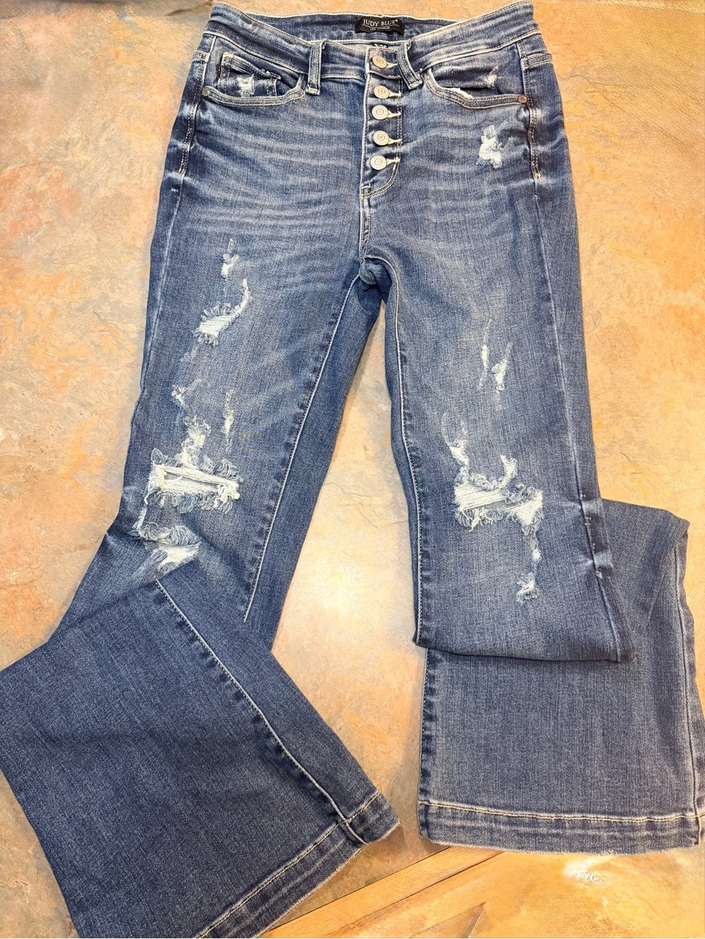 Judy Blue Distressed Medium Blue Flare Jeans